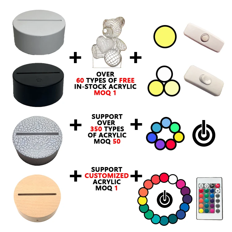 Factory Acrylic Plate Direct Sale 7/16 Colors 3D Illusion Customized RGB LED Night Lamp