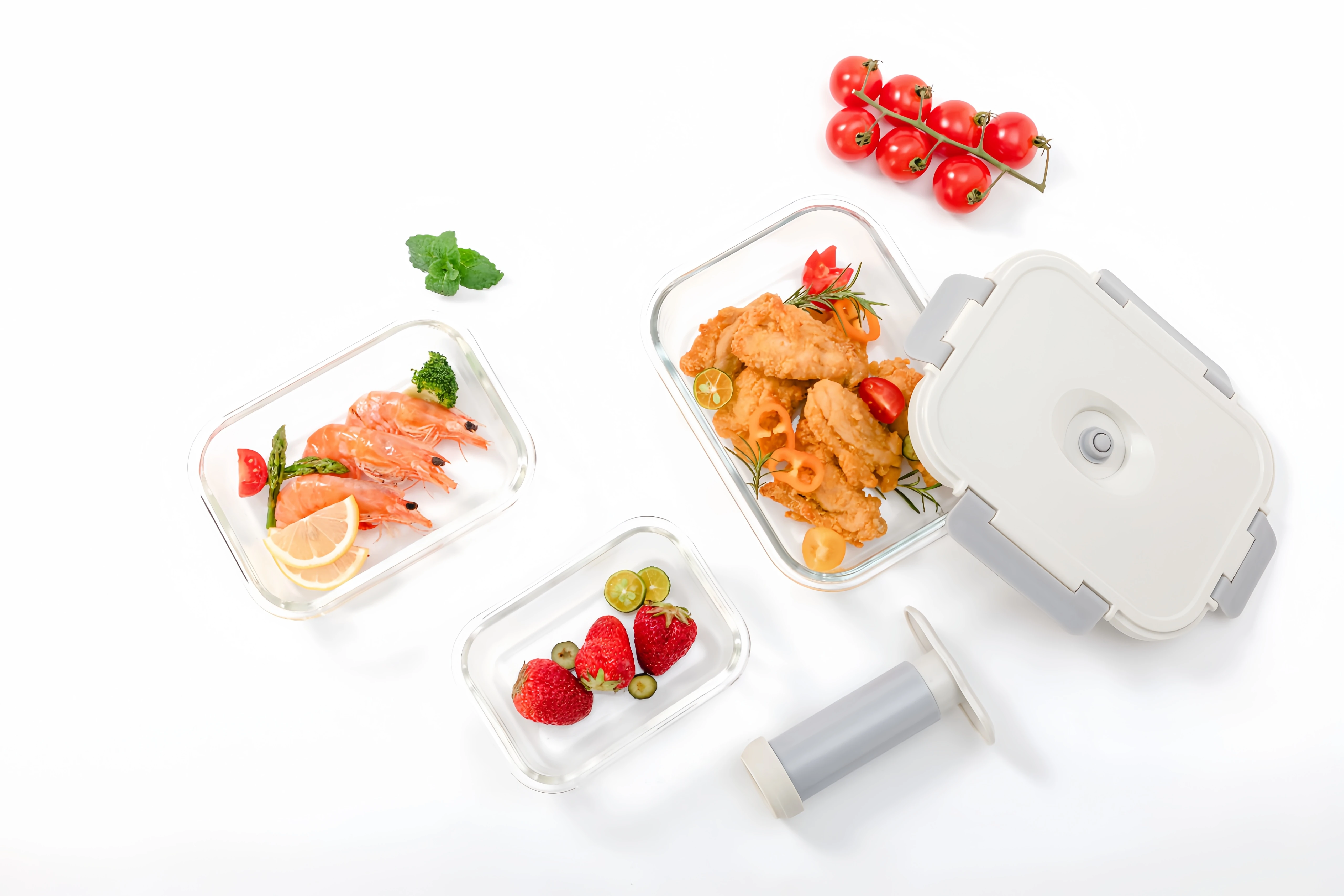 vacuum glass food storage suit/meal prep containers glass air tight/color box packingvented lid glass food container