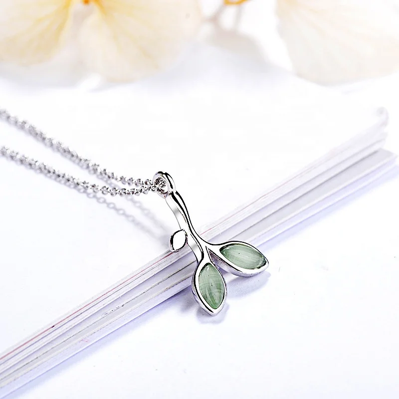 100% 925 Silver Bridal Green Leaf Pendant Necklaces Sets Cat Eye Stone Wedding Jewelry Set Earrings Stud&Bracelet for Women Gift