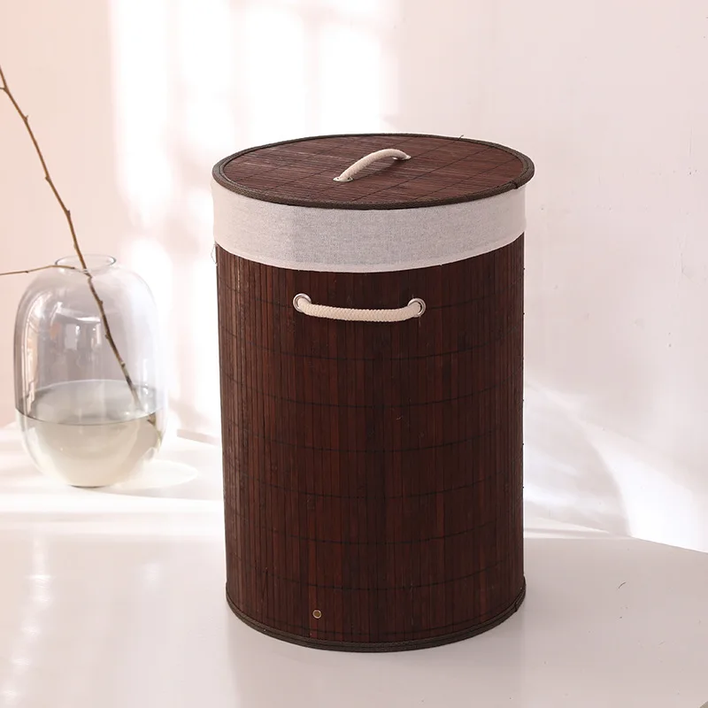 Large Capacity Bamboo Laundry Hamper Round Dirty Clothes Storage Basket with Lid Liner and Handles