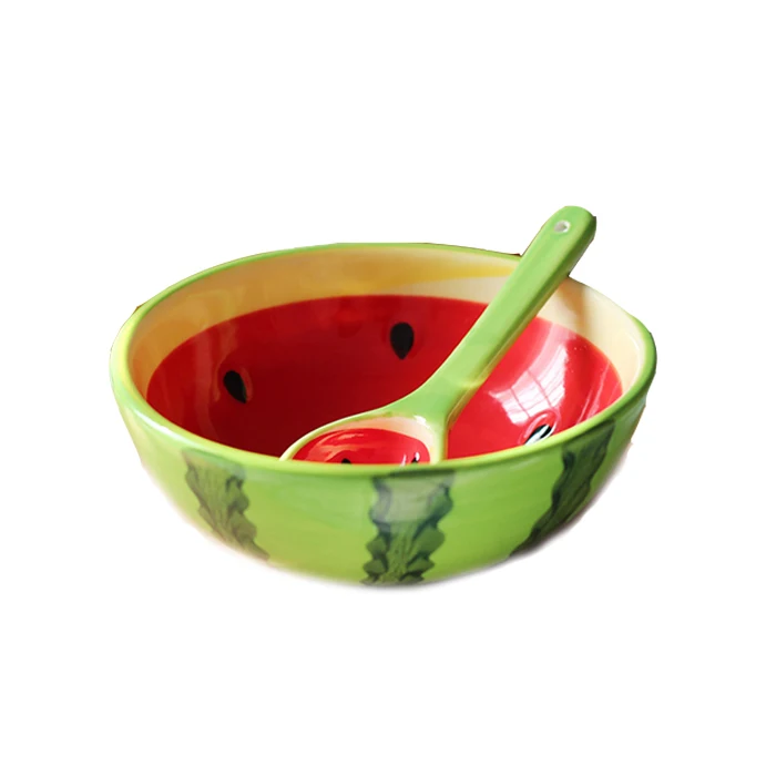 korean ceramic watermelon cereal rice bowl with spoon