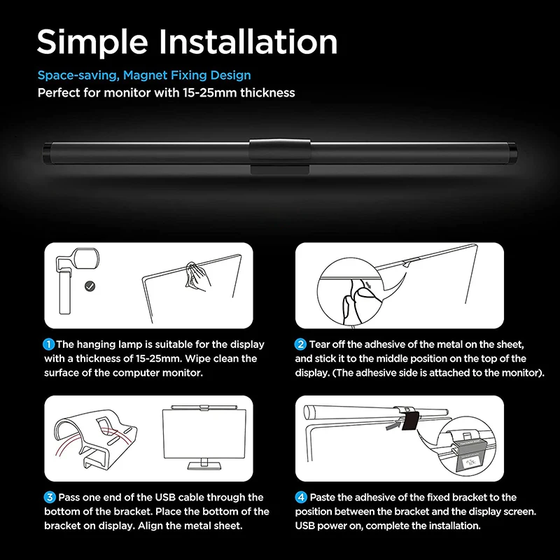 Mrdern Stepless Dimming Reading Hanging  USB Powered Touch ControlSmart Black Computer Monitor Laptop LED Screen light Bar Lamp