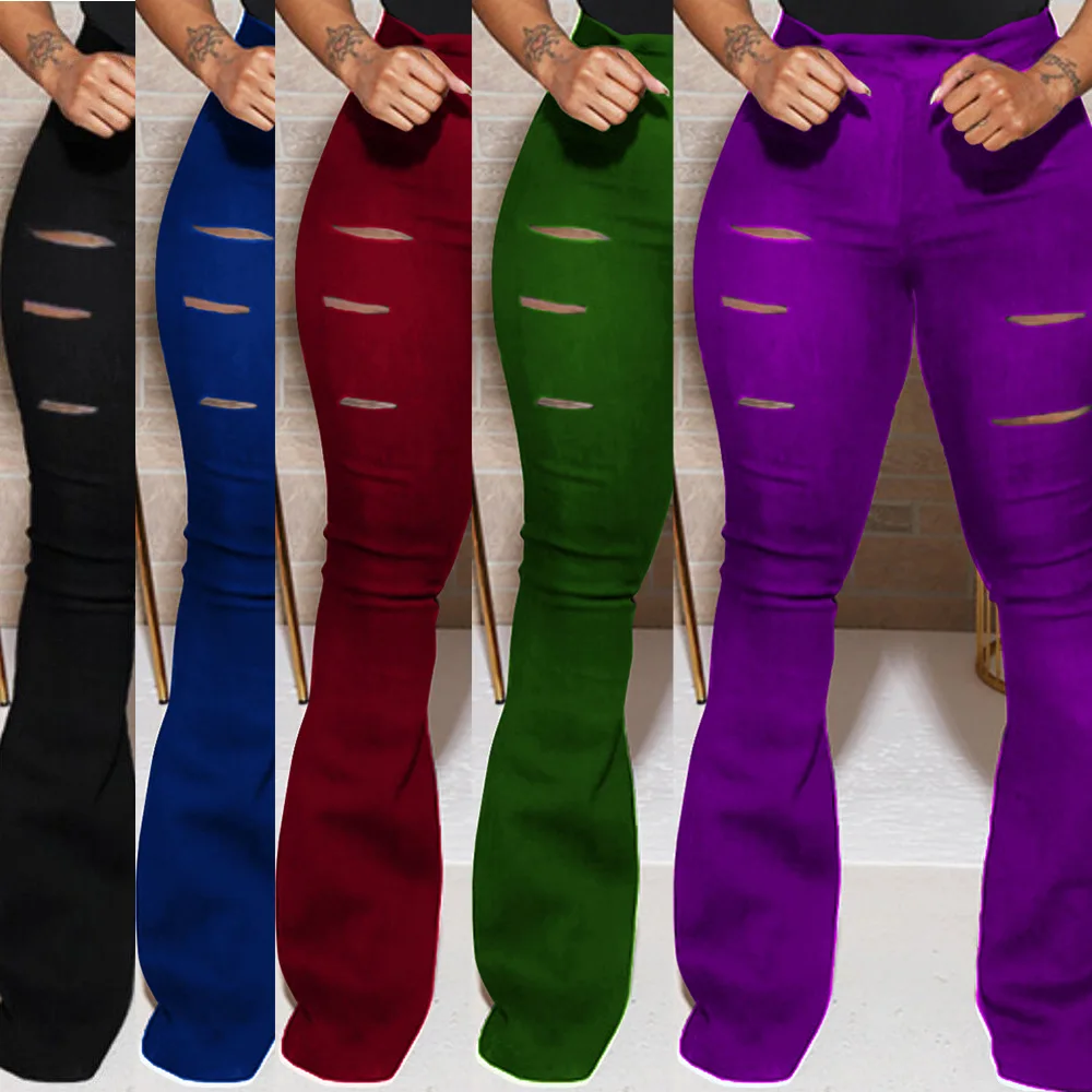 
Hot Sale Solid Color V Neck High Waisted Women Hole Micro Flared Trousers Pants 