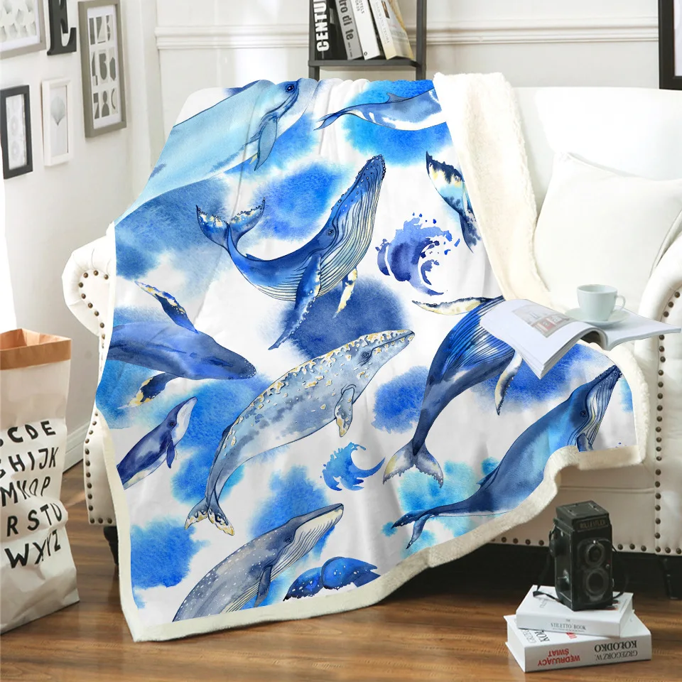 
Popular Multi-Purpose Warm Sea World Whale Dolphin Printed Fleece Throw Blanket For Couch Bed Sofa Living Room 