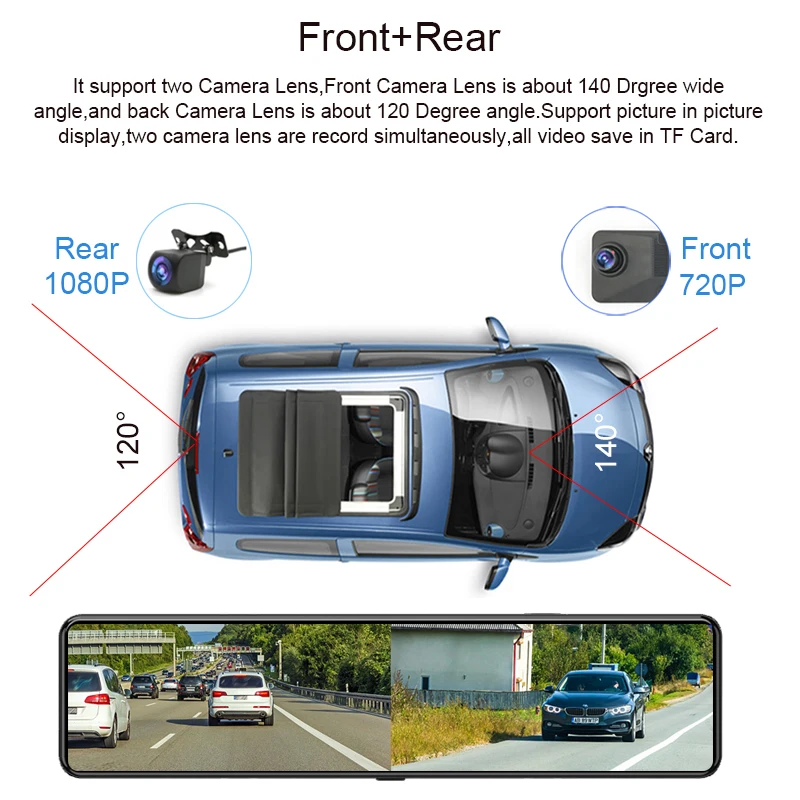 12 inch 4G WIFI Dashcam GPS Navigator 4+32GB Android 8.1 driving recorder 1080p Mobile APP remote monitoring dvr rearview mirror