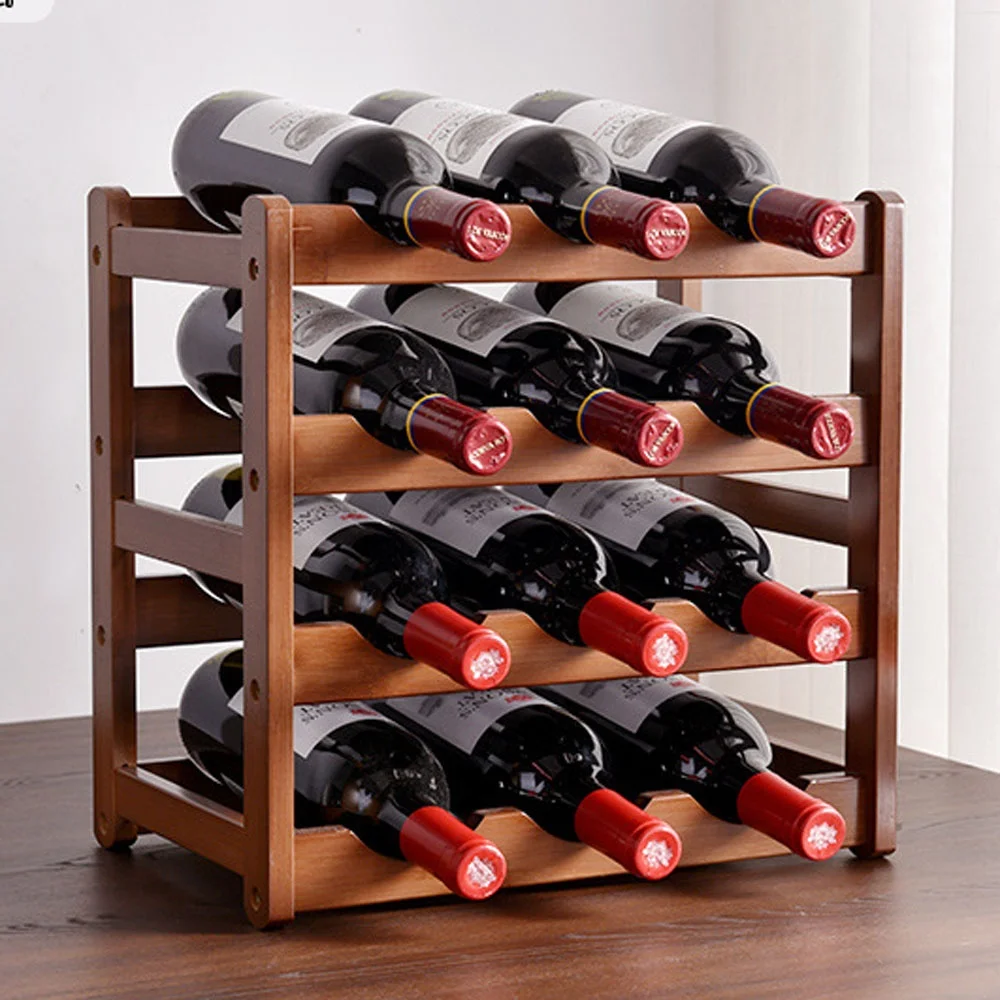 Free standing commercial wood bamboo storage shelf 2 tiers 6 bottle wooden wine racks