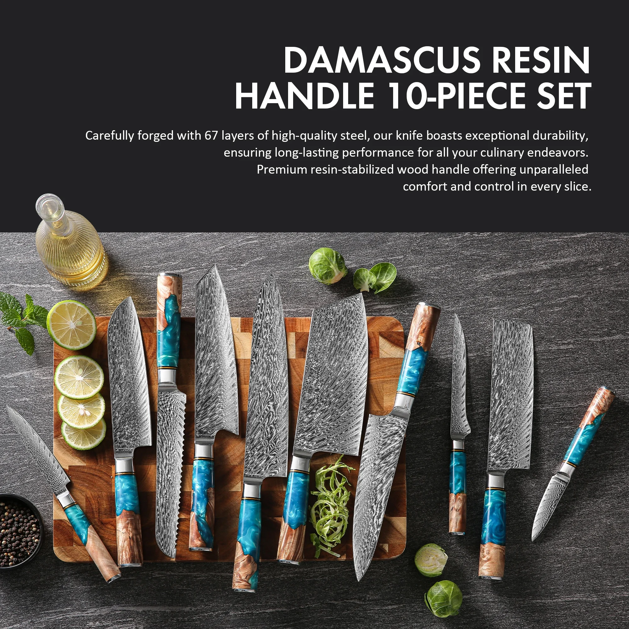 10pcs Luxury Blue Resin Handle Japanese Chef Damascus Steel Knife Set for Kitchen