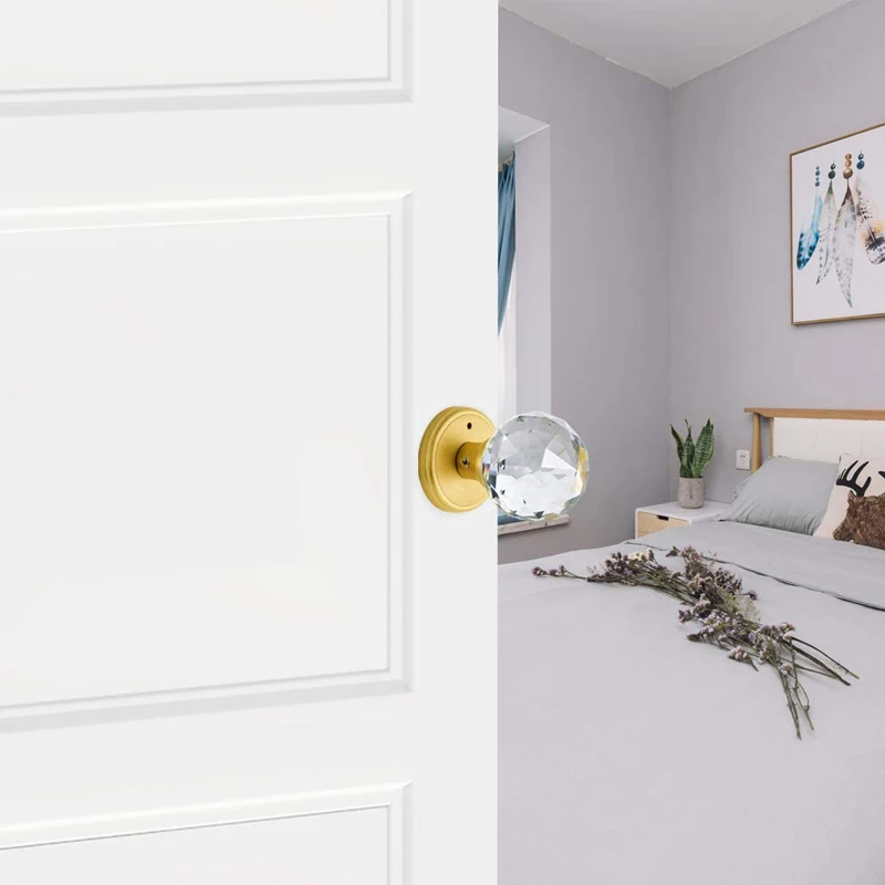 Satin Brass Crystal Glass Door Knobs Interior with Lock Privacy Bathroom Bedroom Gold Door Knobs Door Lock