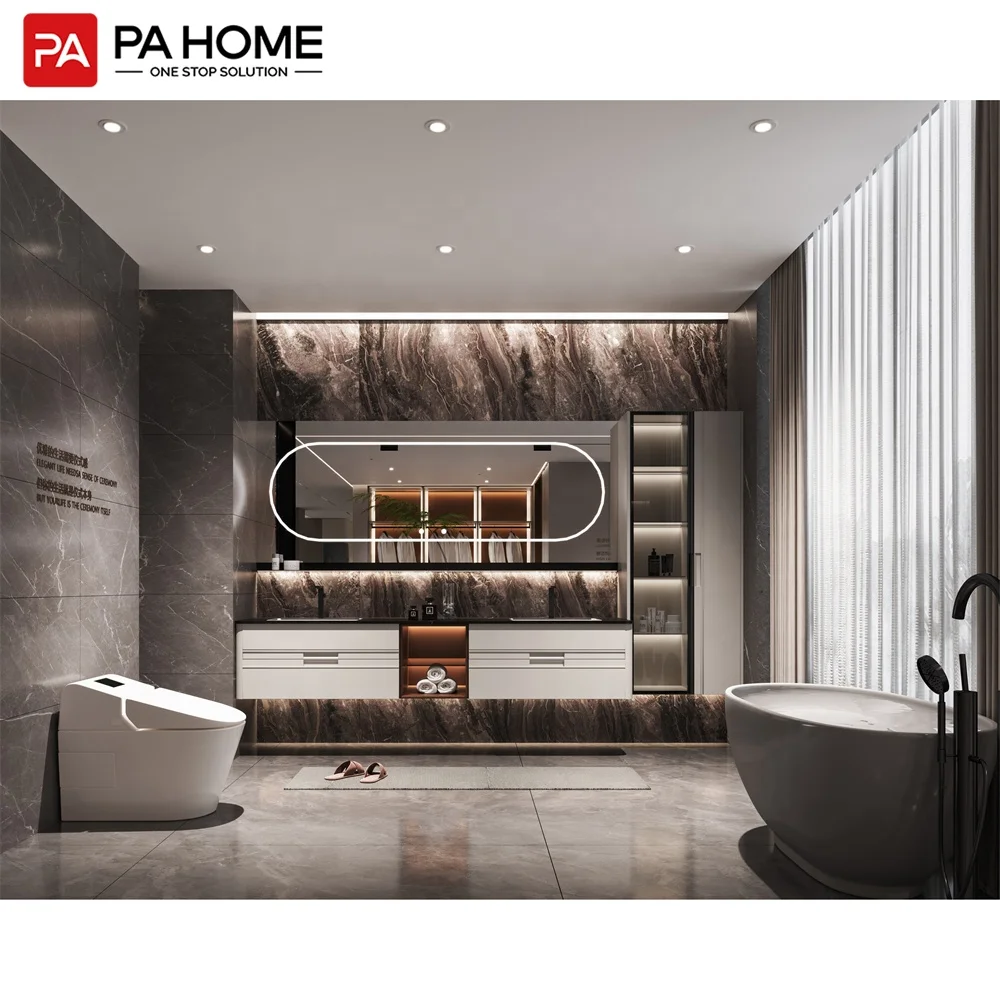 PA floating double sink vanity with mirror lights wash basin for hotel bathroom cabinet