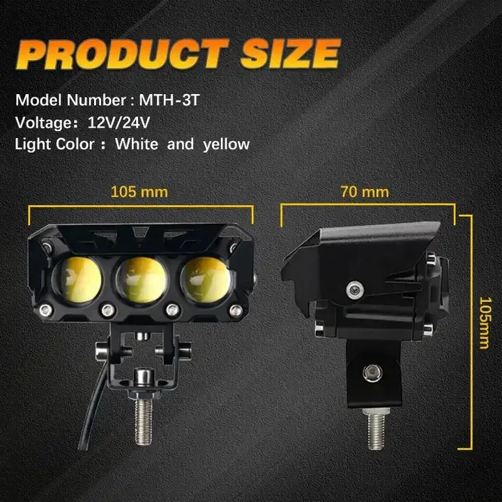Motorcycle Spotlight 3 lens Hi/Low Beam LED Work Light 3 lens Mini Driving Headlamp Fog Lamps 12V 24V White/Yellow