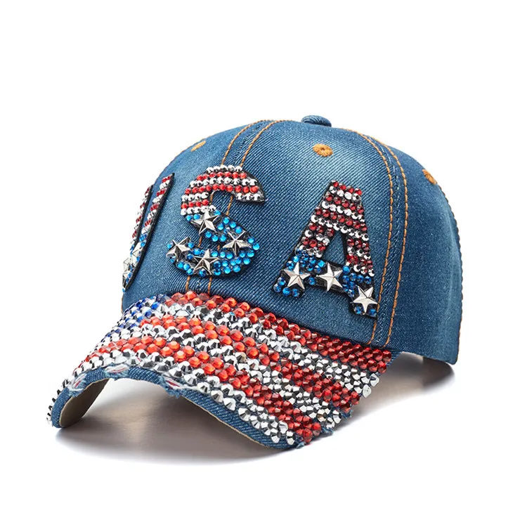 Bling Bling Rhinestone Denim Cap Custom Logo Baseball Caps Diamond Trucker Hat Vintage American Flag Rhinestone Baseball Cap
