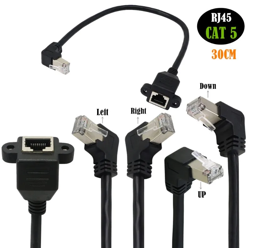Wholesale Black 30cm Short RJ45 Male to Female Screw panel mount Ethernet LAN Cat5 Network extension Cable