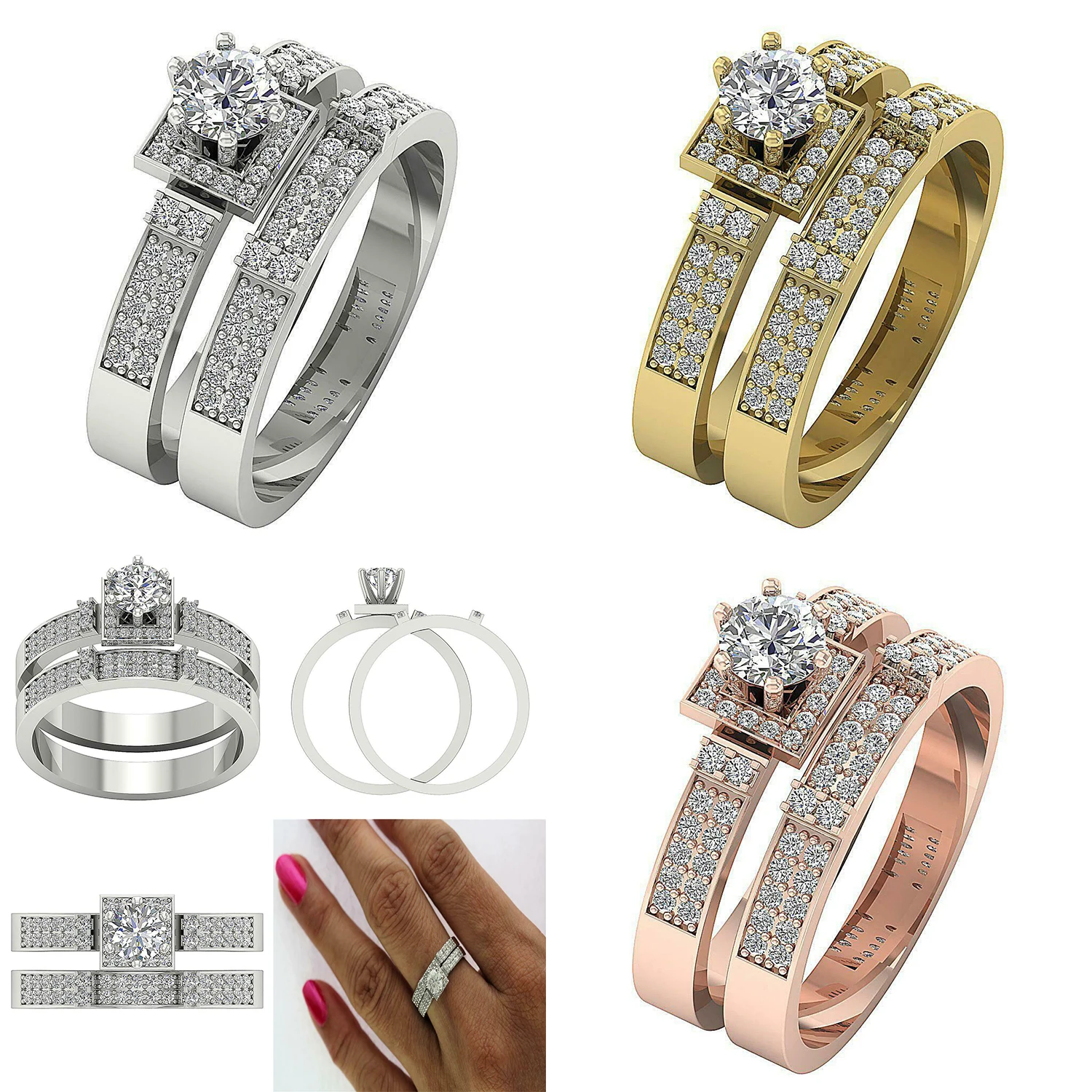 Love Heart Crown Couple Hug Gold 18K Promise For Set Adjustable 925 Sterling Silver Wedding Engagement Diamond Moissanite  Ring