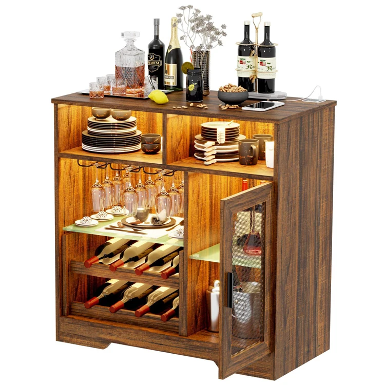 Home Living Dining Room Farmhous Power Outlet Wine Coffee Bar Cabinet Kitchen Sideboard LED Strip Liquor Buffet Rack Cabinet
