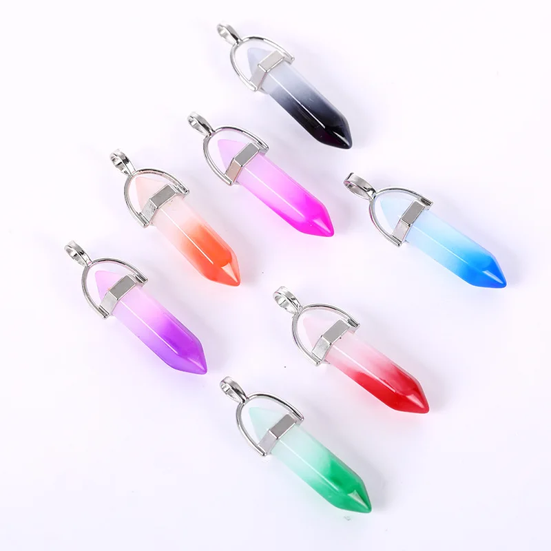Hot Selling Gradient Hexagonal prism Crystal Pendant Small Fresh Wind Necklace Accessory Lacquer Seven Colored Glass Pendant