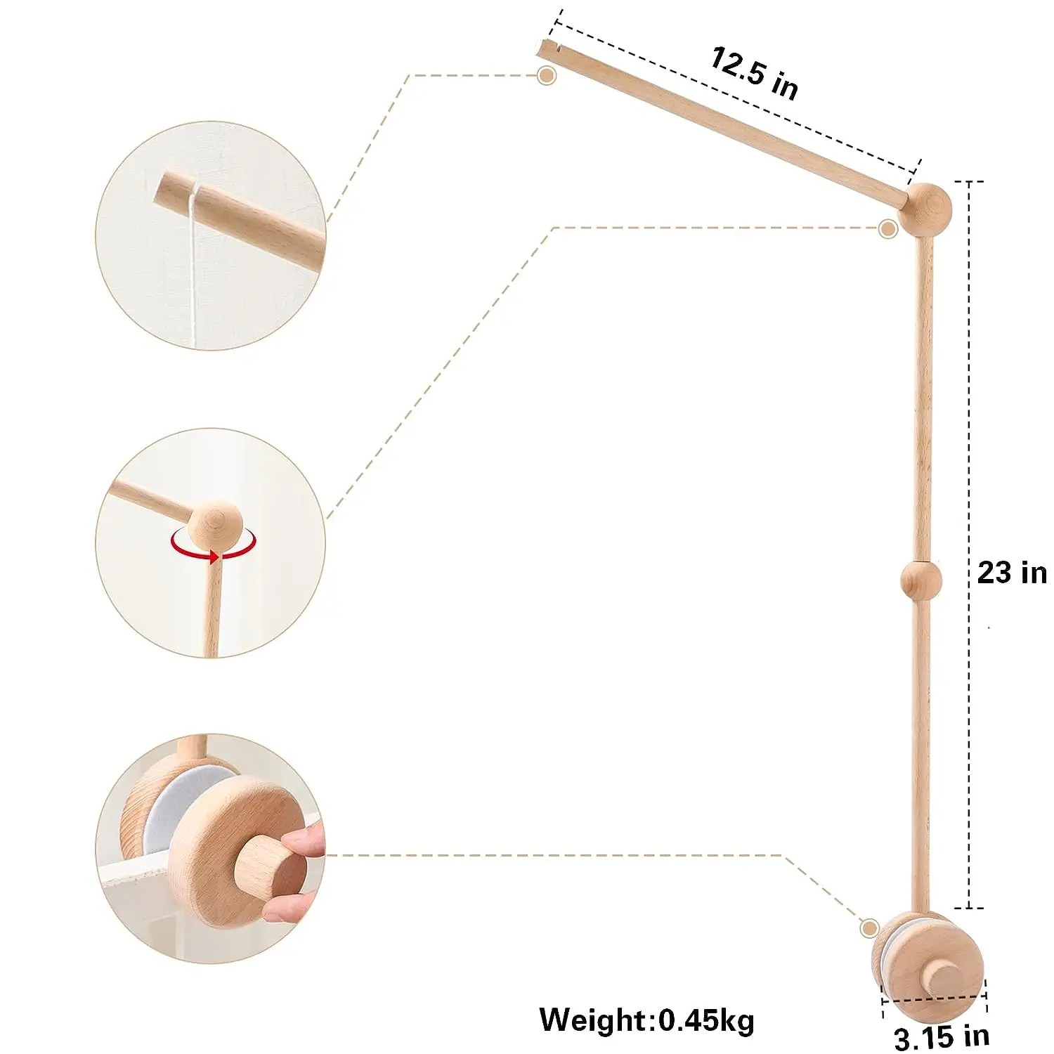CE CPC certified stocked free sample custom rotating adjustable natural wooden holder crib mobile arms for baby mobiles