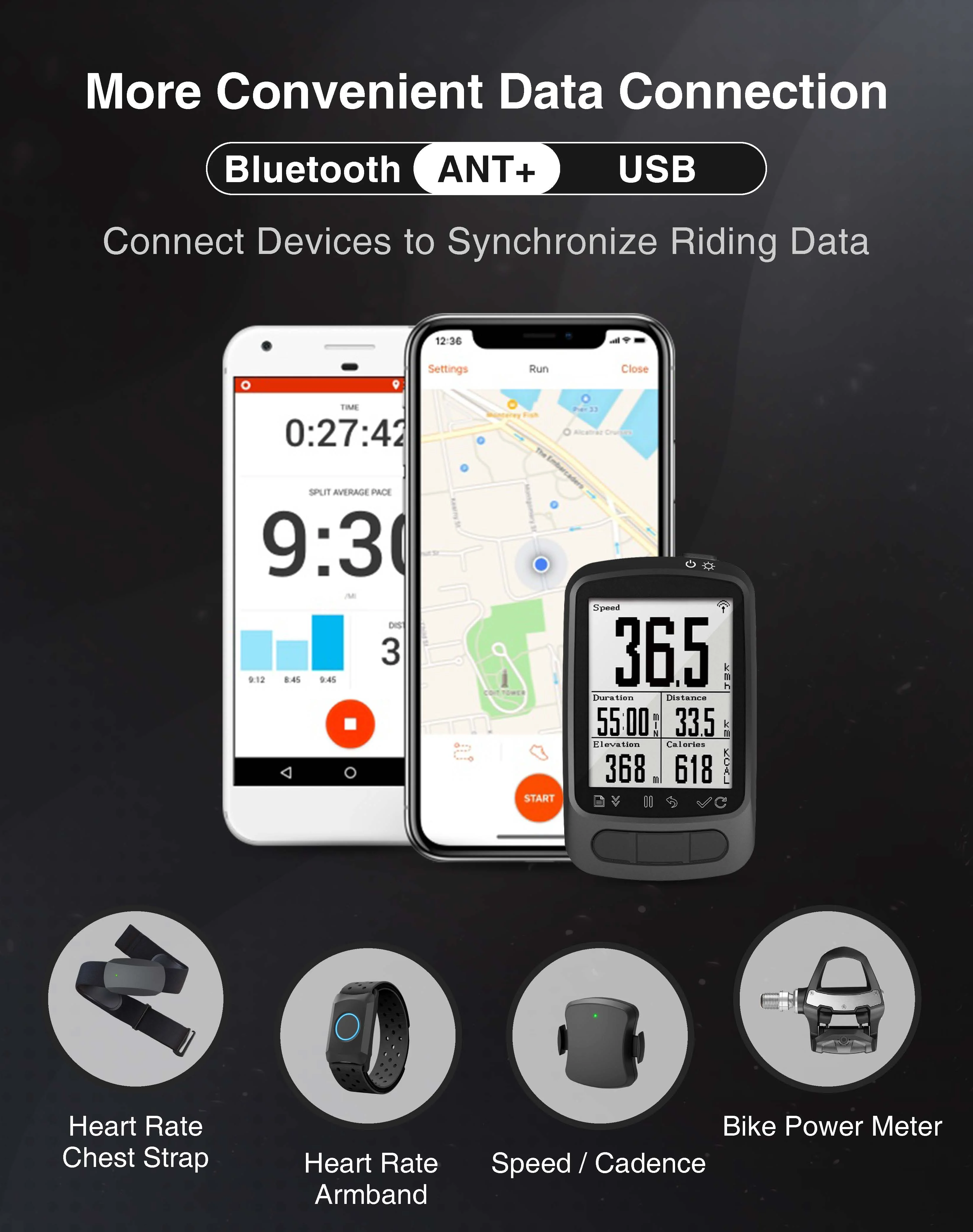 Anti Glare Black and White LCD Screen Waterproof Bike Computer BLE ANT+ Connecting Heart Rate Monitor Multiple Function