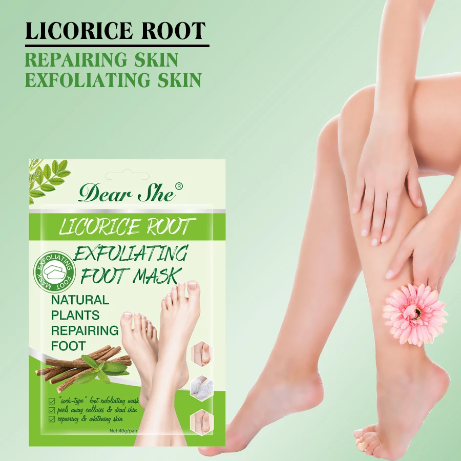 wholesale Dear She Natural Plant Licorice Root Exfoliating Foot Mask Repairing Peel Away Calluses Dead Skin Whitening Foot Skin