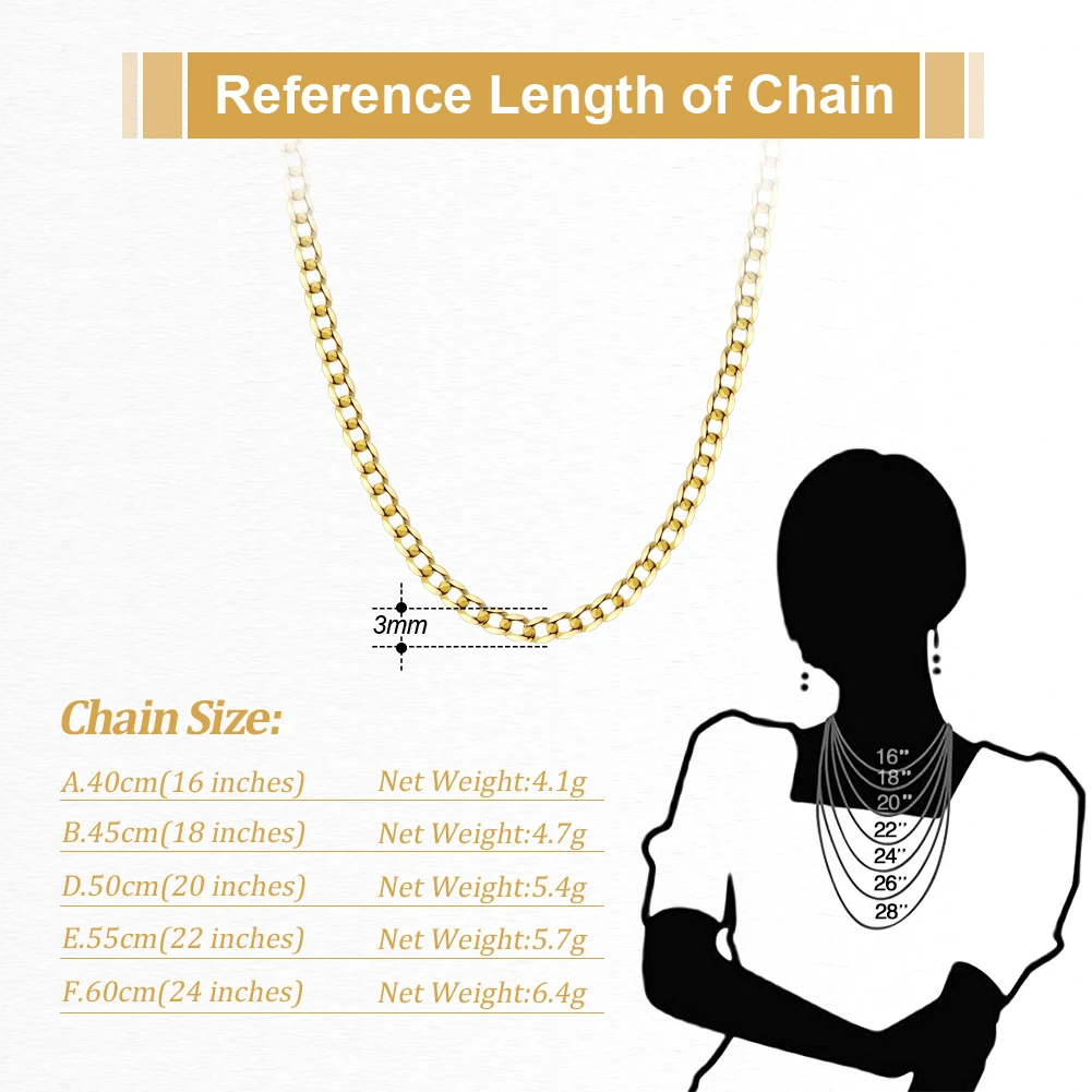 RINNTIN SC60-3 Solid 18K Gold Over 925 Sterling Silver Italian 3mm Diamond Cut Cuban Link Curb Chain Necklace for Women Men