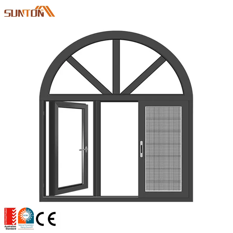 Custom made aluminum circular arch top window french decorative aluminium grill frame tempered glass half-round arched windows
