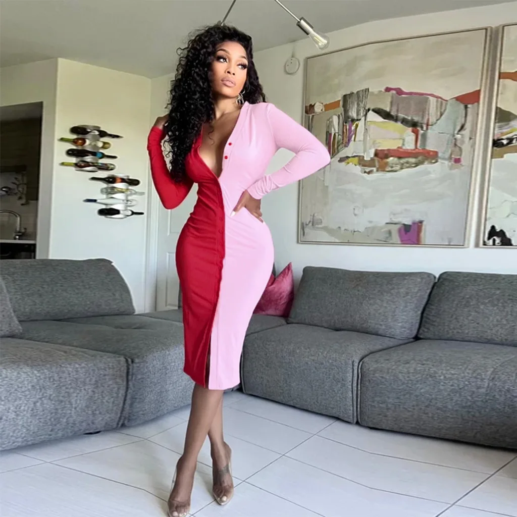 2022 New Arrivals Fashion Sexy V Neck Dress with Buttons Summer Slit Long Sleeve Mix color Ladies Dresses