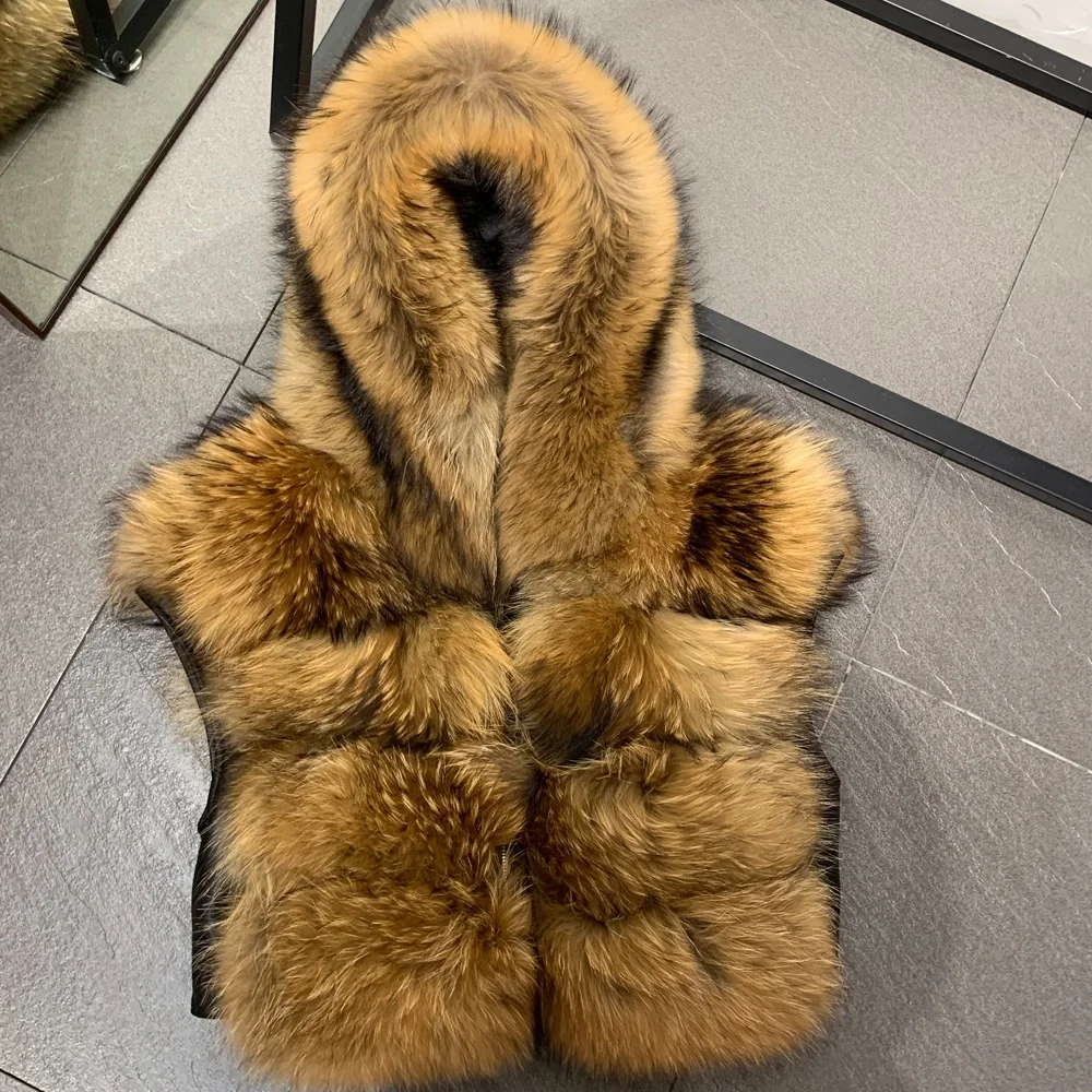 Raccoon Fur Hooded Vest Real Fox Fur Jacket Sleeveless Ladies Natural Fur Cloth Hooded