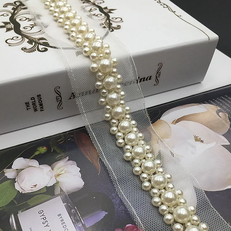4.5CM DIY Wedding Dress Collar Sleeve Applique Clothes Decor Trims Mesh Rhinestones Ribbon Fabric Pearl Beaded Lace