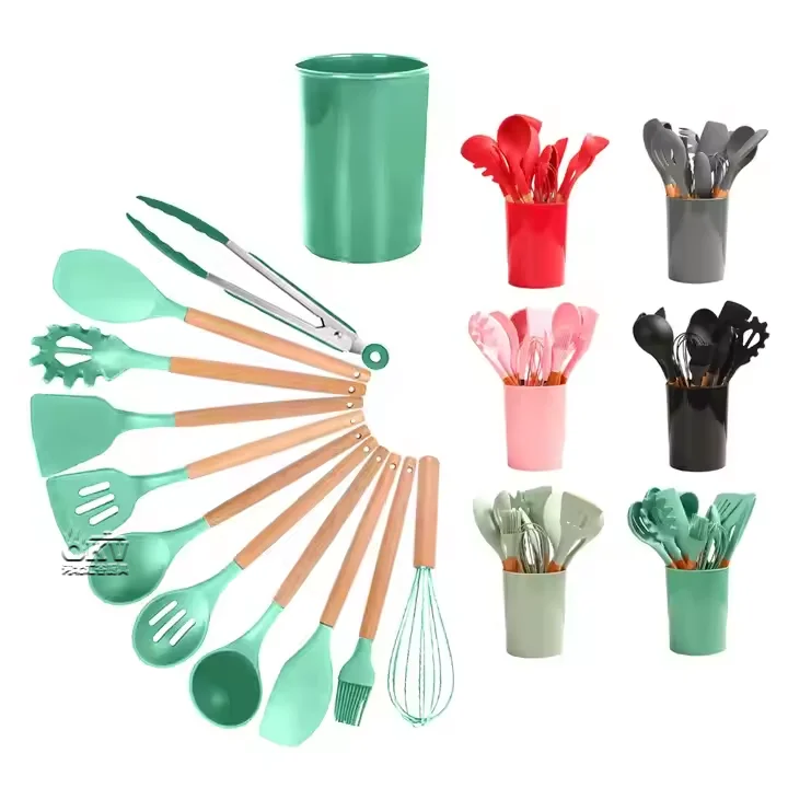 High Quality 12-Pieces Silicone Kitchenwares Set Wooden Handle Silicone Spatulas Set Storage Bucket Heat-Resistant Spatulas Set