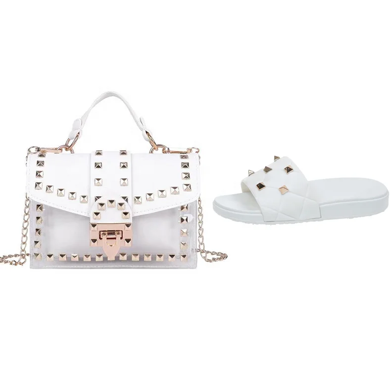 Fashion  Pu Shoulder Bags New Popular Rivet Chain Ladies Handbags Women purses and slippers sandals set
