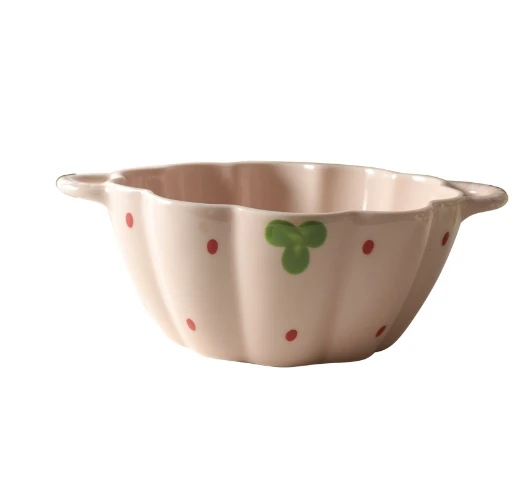 Pink Strawberry Pumpkin Bowl+Spoon Household Ceramic Cute Rice Bowl Dessert Breakfast Bowl