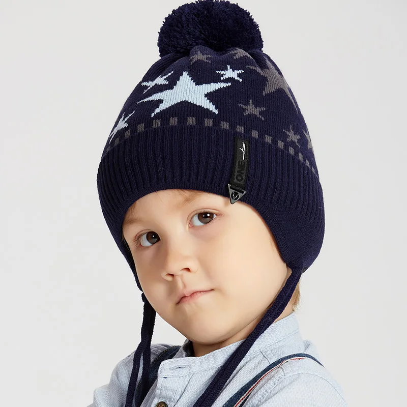 Wholesale Boys Kids Winter Knitted Hats With Natural Fur Pompom Jacquard Patterns Cashmere Lined Children Beanie Custom Ear Flap