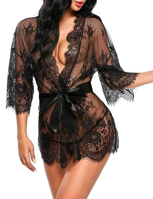 Women Sexy Lace Kimono Naughty Underwear Sleepwear Transparent Mesh Lace Dress Robe with Belt and G-String