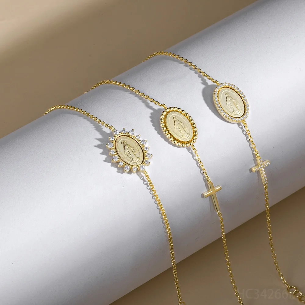 14k Yellow Gold Plated 925 Sterling Silver Jewelry Virgin Mary Pendant Necklace With Matching Bracelet