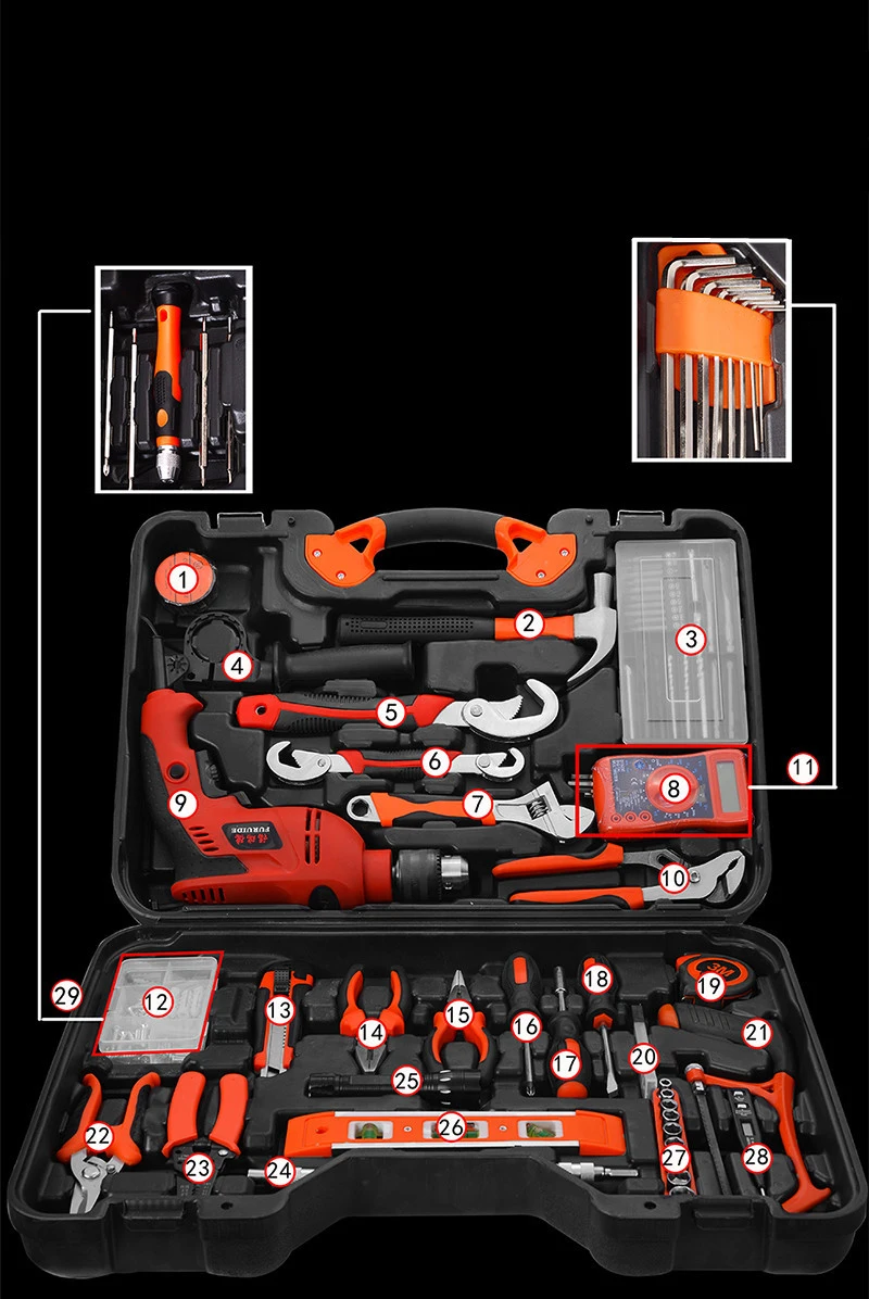 128PCS Home Hardware Tool Combination Set Woodworking Electrician Manual Plastic Toolbox Impact Electric Drill Tool Gift Set