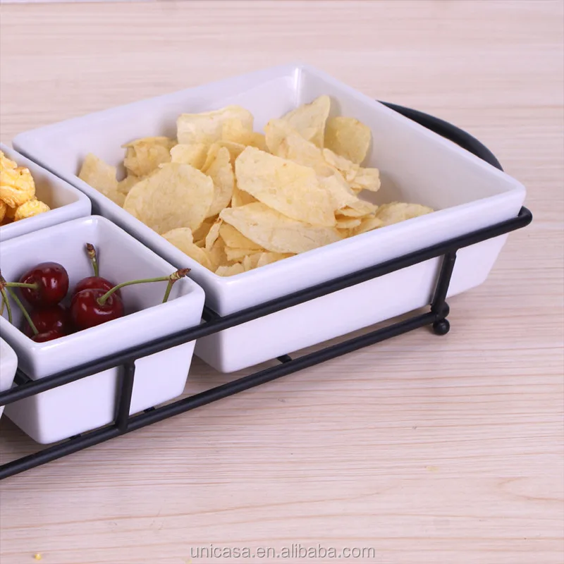Hot Selling Snack Food Ceramic Dish Tableware White Ceramic Snack Bowls  With Metal Stand