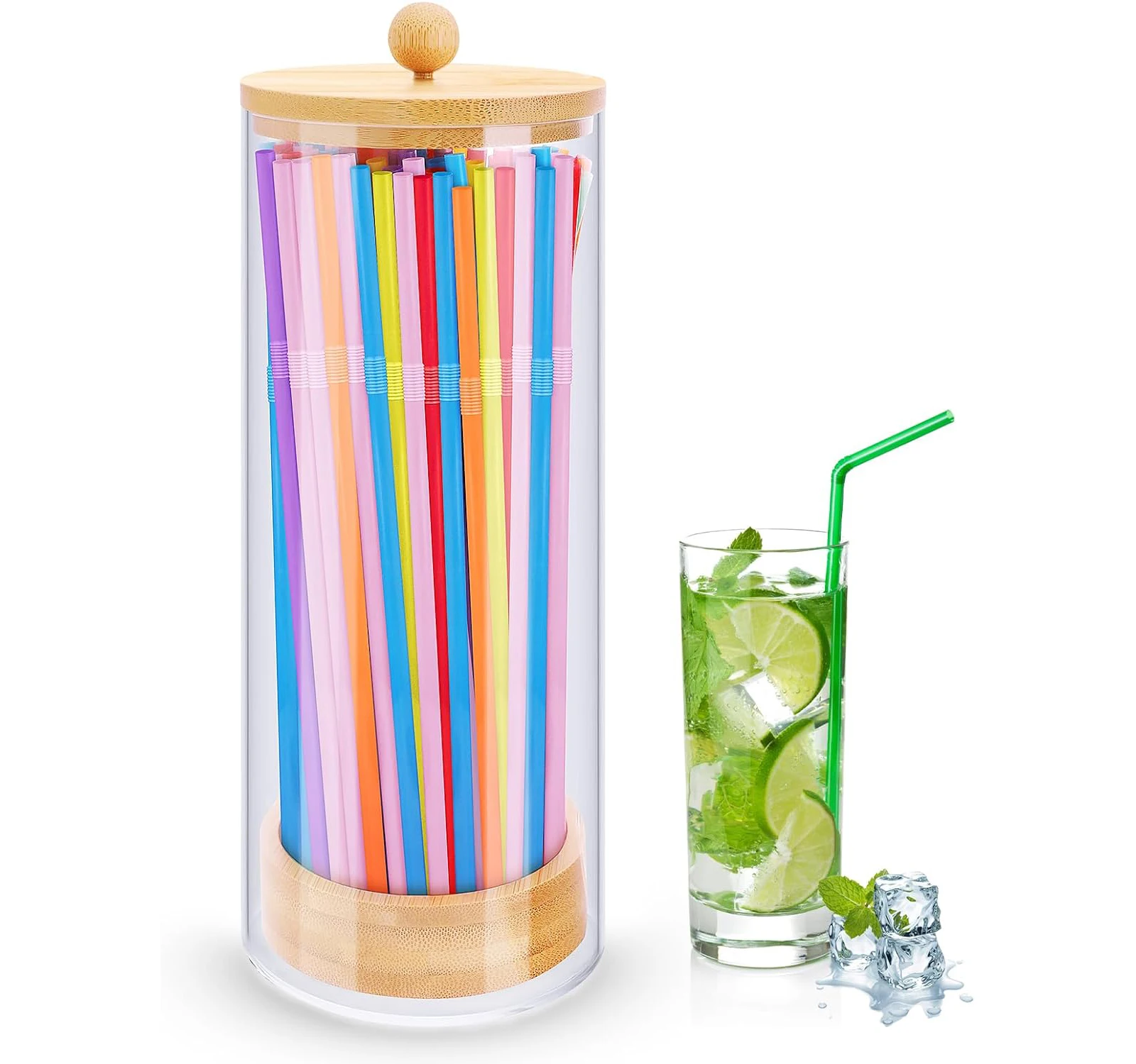 Acrylic Transparent Drinking Straw Holder Dispenser for Counter with Bamboo Lid for Standard Straws Organizer for Kitchen Party