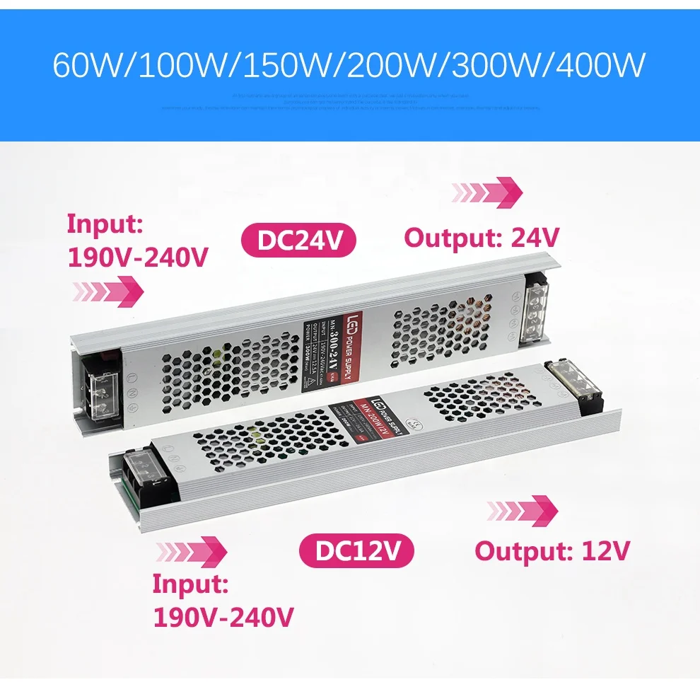  Ультра тонкий светодиодный источник питания ac/DC 12V 24V трансформаторы систем освещения 60W 100W 150W 200W 300W 400W AC190-240V драйвер для светодиодных лент