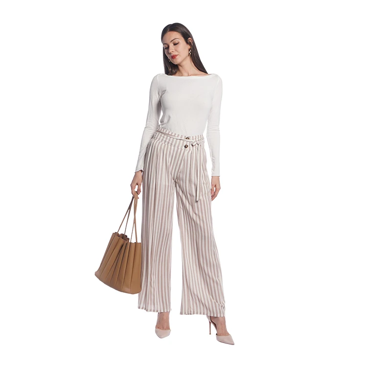 
Stripe viscose waist loose leg covering fatty office pants set for women self-belt box-pleat at front and back 
