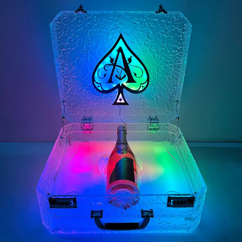 Customized Acrylic 3 Bottles Led Color Changing Bottle Presenter Tray Carrier Box Ace Of Spade Vip Bottle Carry Case for Bar