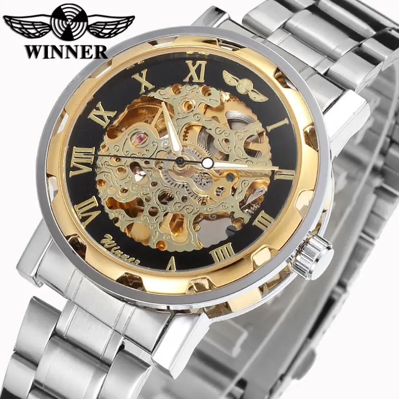 WINNER 8008 classic silver male mechanical watch low cost Stainless steel band water resist auto transparent moq 1 watch kit