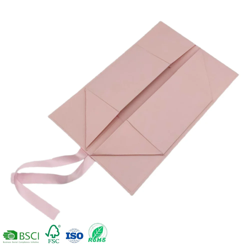 Custom Pink Rigid Paper Cardboard Packaging Magnetic Folding Paper Mothers Day Wedding Magnetic Ribbon Closure Luxury Gift Box