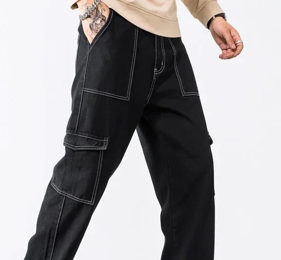 Wholesale High Quality Hot Sale  New Fashion Cotton Custom Embroidery Men Contrast Stitching Cargo Jeans