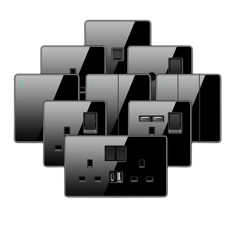 Home luxury wall charging power switch with usb wall outlet, speed switch electrical black glass lamp switch socket button