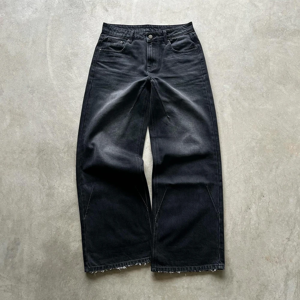 Custom acid wash vintage denim pants heavyweight cotton streetwear flare homme distressed men baggy jeans men