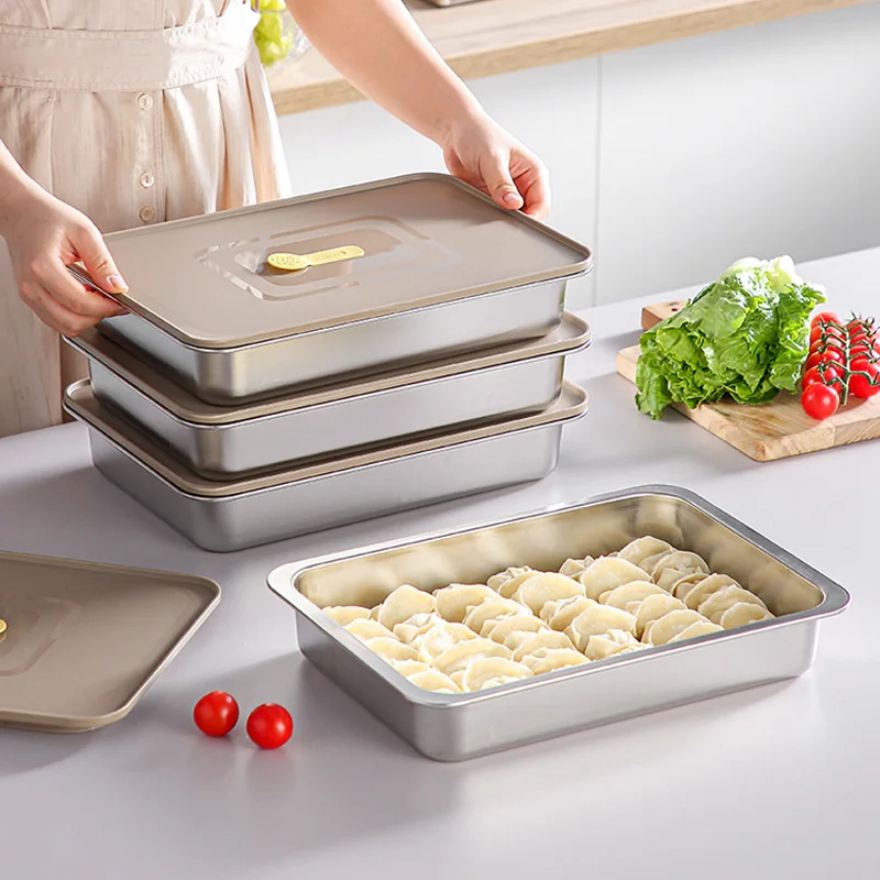 304 Stainless Steel Dumpling Box Stackable Large Capacity Bacon Storage Containers Refrigerator Cheese Preservation Box With Lid