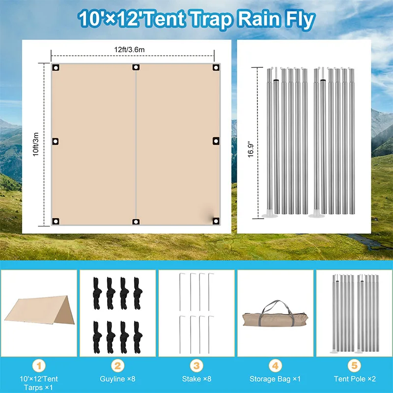 3*4m Camping Tarp Fly Waterproof and Ultralight Survival Tent Tarp for Outdoors