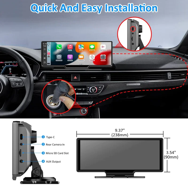 Ottocast 10.26 inch  Universal Wireless Carplay Screen Portable Display Car Radio Player Android Auto appl Carplay