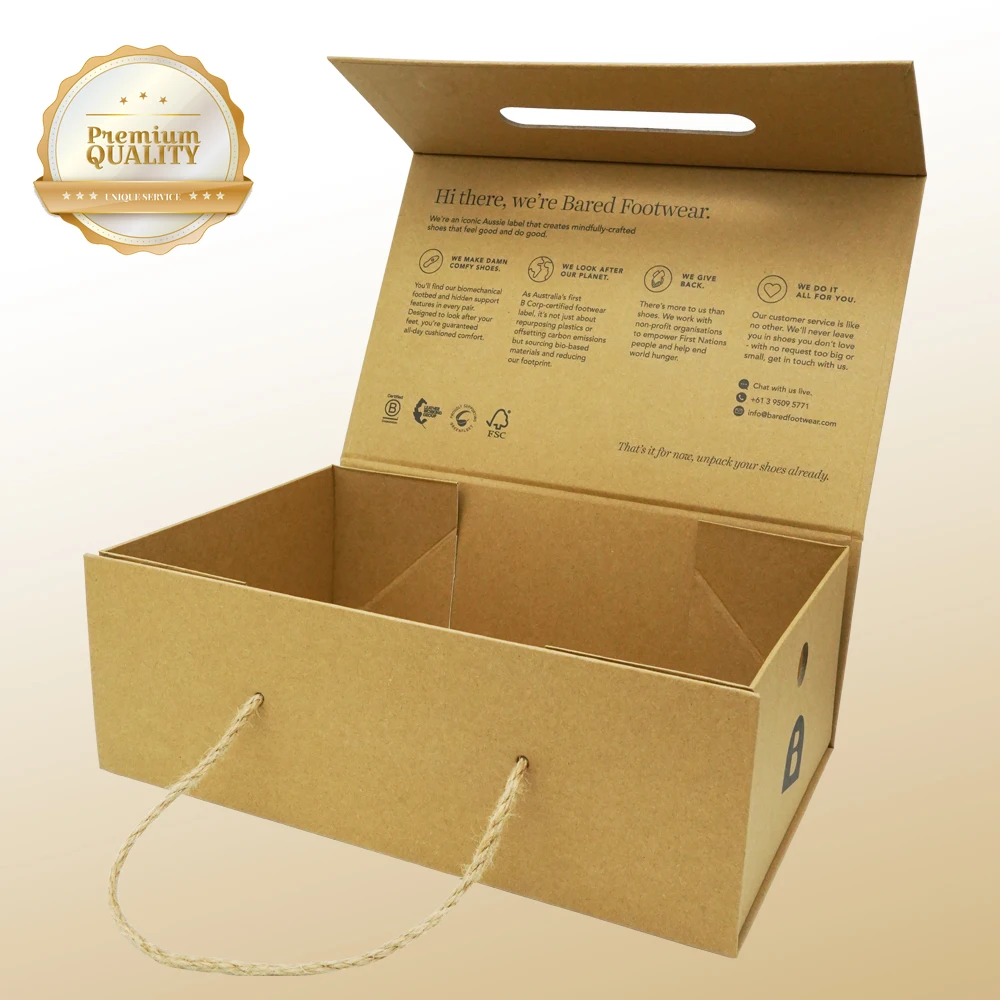 Custom Logo Brown Shoe Box Eco-Friendly Recyclable Folding Packaging Box with Handle Cardboard Kraft Boxes