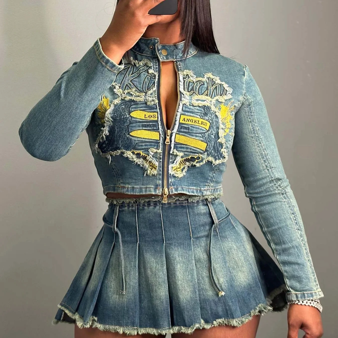 Women Ribbed Jacket Pleated Skirt Denim Set High Neck Short Zippered Cardigan Embroidery 2 Piece Skirt And Jackets Set For Women