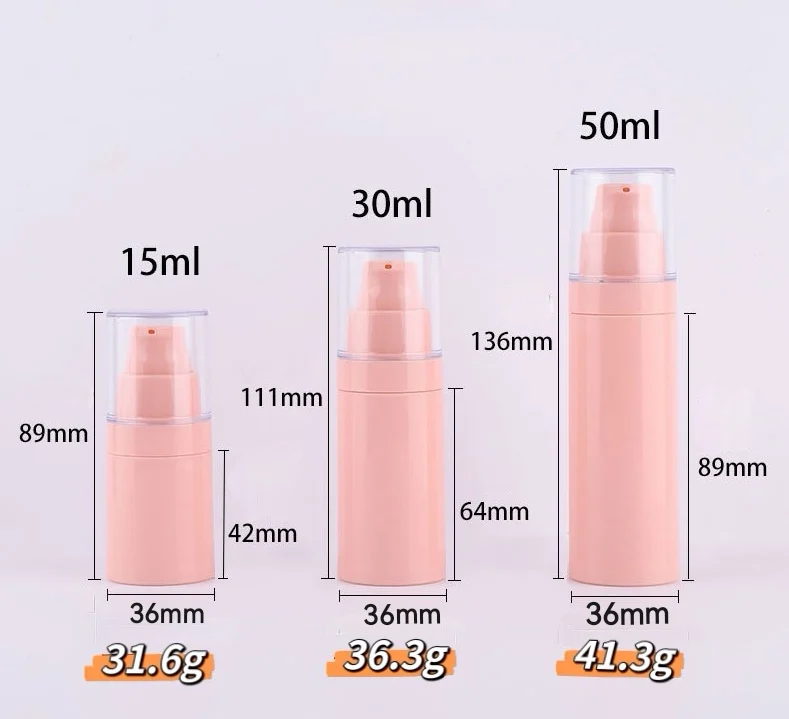 Pink AS Plastic Airless Lotion Spray bottle with Pump 15ml 30ml 50ml for Toiletry Lotion Cream Toner Cosmetic Dispenser